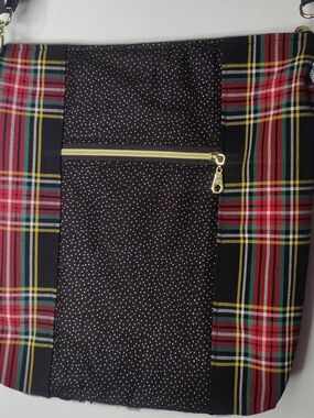 Handmade Tartan Plaid & Polka Dot Crossbody Bag with Gold Zip Accent